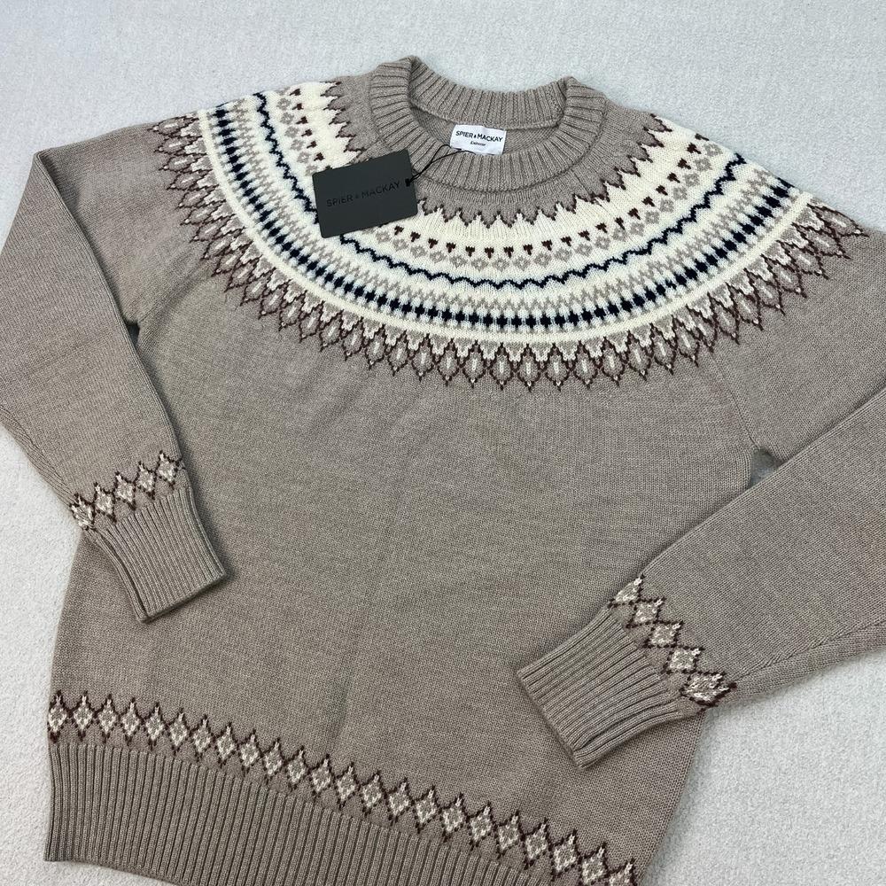 Spier & Mackay Fair Isle Crewneck Mens S Beige Gray 100% Merino Wool NEW
